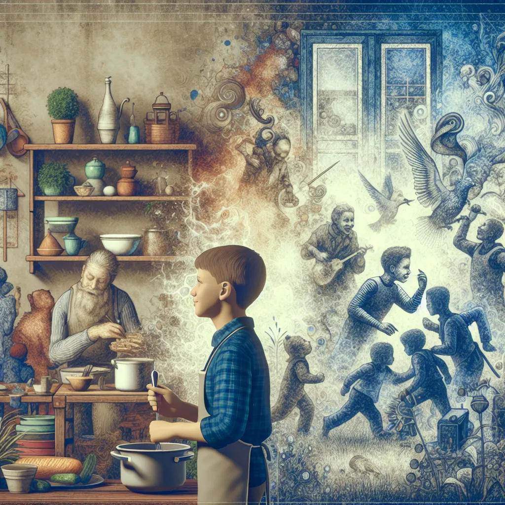 A detailed account of a young boy, Jacob, inadvertently transforming into his friend's mother, Lucía Rivera, amidst a chaotic scene in her kitchen, ultimately integrating into her role and life with her family.