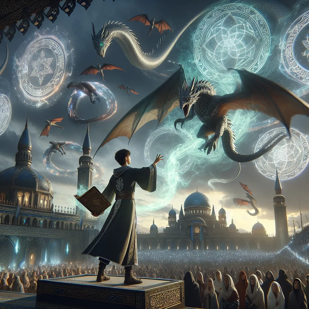 An image featuring a young sorcerer standing on an elevated stage, his hand reaching out to touch an ancient tome. Mystical sigils surround him, casting a ghostly glow upon the stage, as the sky above darkens momentarily. In the distance, shimmering dragons emerge from the horizon, their majestic forms soaring through the sky. The dragons, with scales reflecting sunlight, create a stunning display of colors as they circle the city of Luminara. The largest dragon carries the queen, dismounting wi