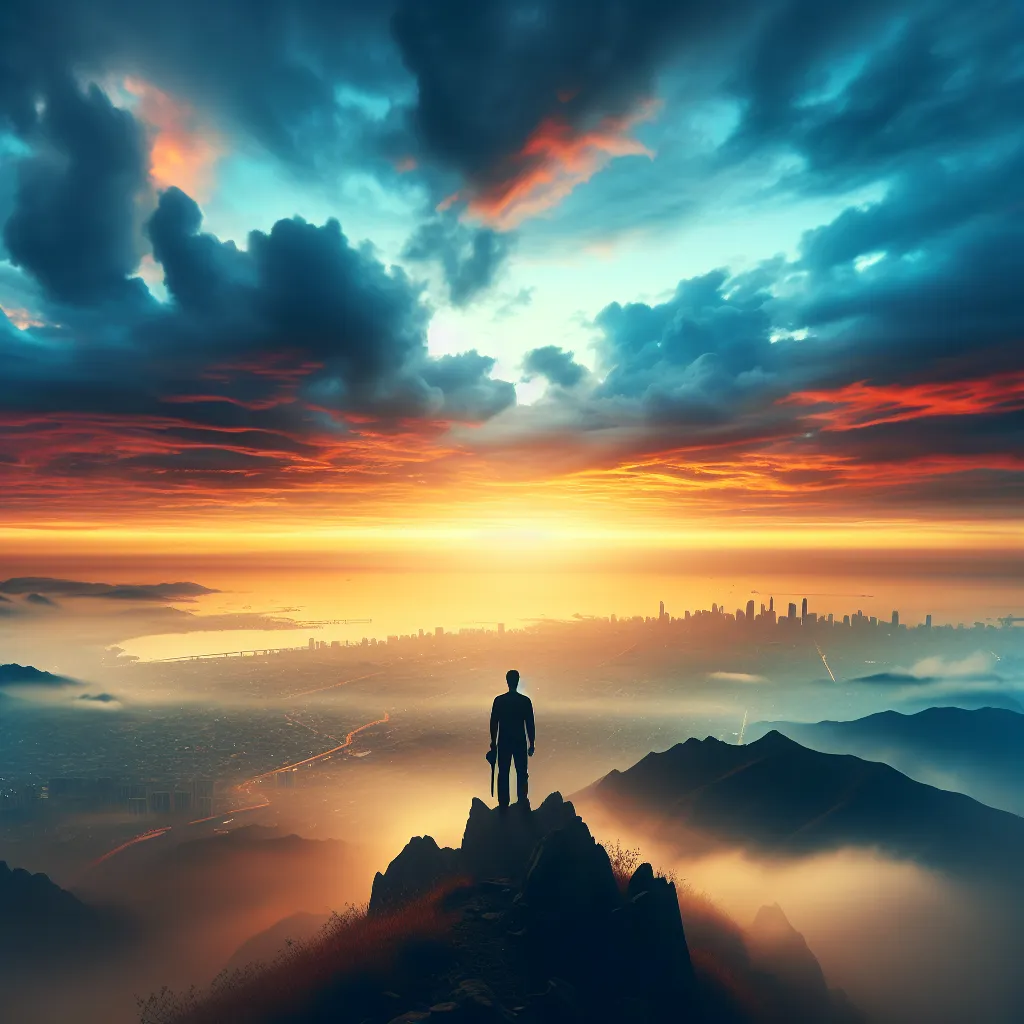 The image will show a lone figure standing on a hilltop, surrounded by vibrant colors of dawn breaking through the clouds. The figure gazes out at a distant, majestic cityscape, displaying a sense of awe and possibility.