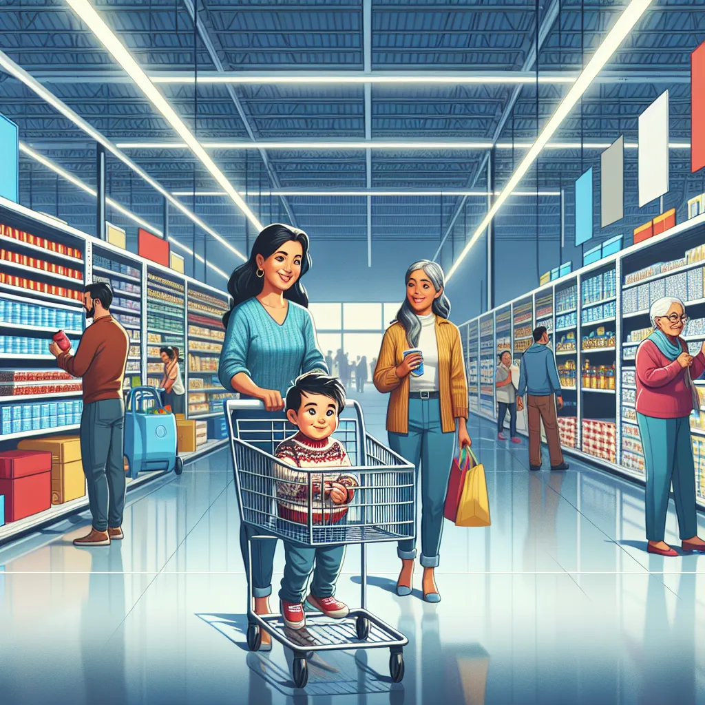 An image depicting a shopping scene in a big box store, focusing on a young child in a shopping cart, a mother pushing the cart, and a grandmother nearby, all part of a diverse family shopping for groceries.