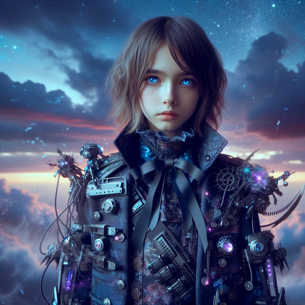 An evocative, moody portrait of a young girl—Miyafuji Yoshika’s body—with distinct features blending determination and subtle anguish; she wears a magical military uniform fused with mechanical Striker Unit elements (animal ears, tail, and leg-mounted gear) amid a twilight sky, her eyes reflecting faint, ghostly glimpses of Ranma Saotome’s former self, embodying the haunting fusion of identities and the surreal tension between worlds.