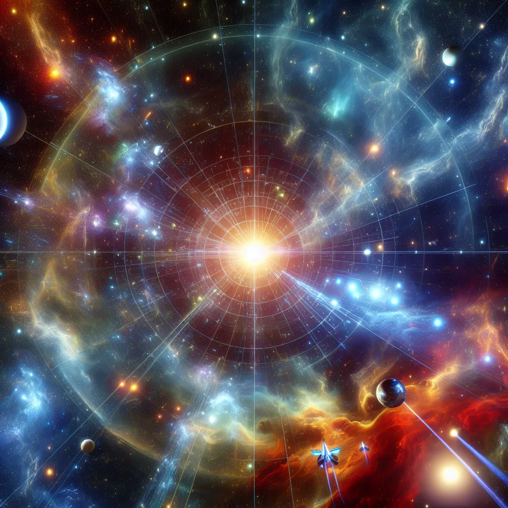 An image showing a vast expanse of space with a vibrant and pulsating cosmic energy emanating from a central point of light. Colorful nebulae and distant galaxies surround the central point, while small spaceships and characters in spacesuits are seen navigating through the cosmic landscape. The image captures the sense of intrigue, discovery, and the impending danger of Anara and her team's exploration of the enigmatic signals, as well as the interstellar journey they embark on to uncover the t