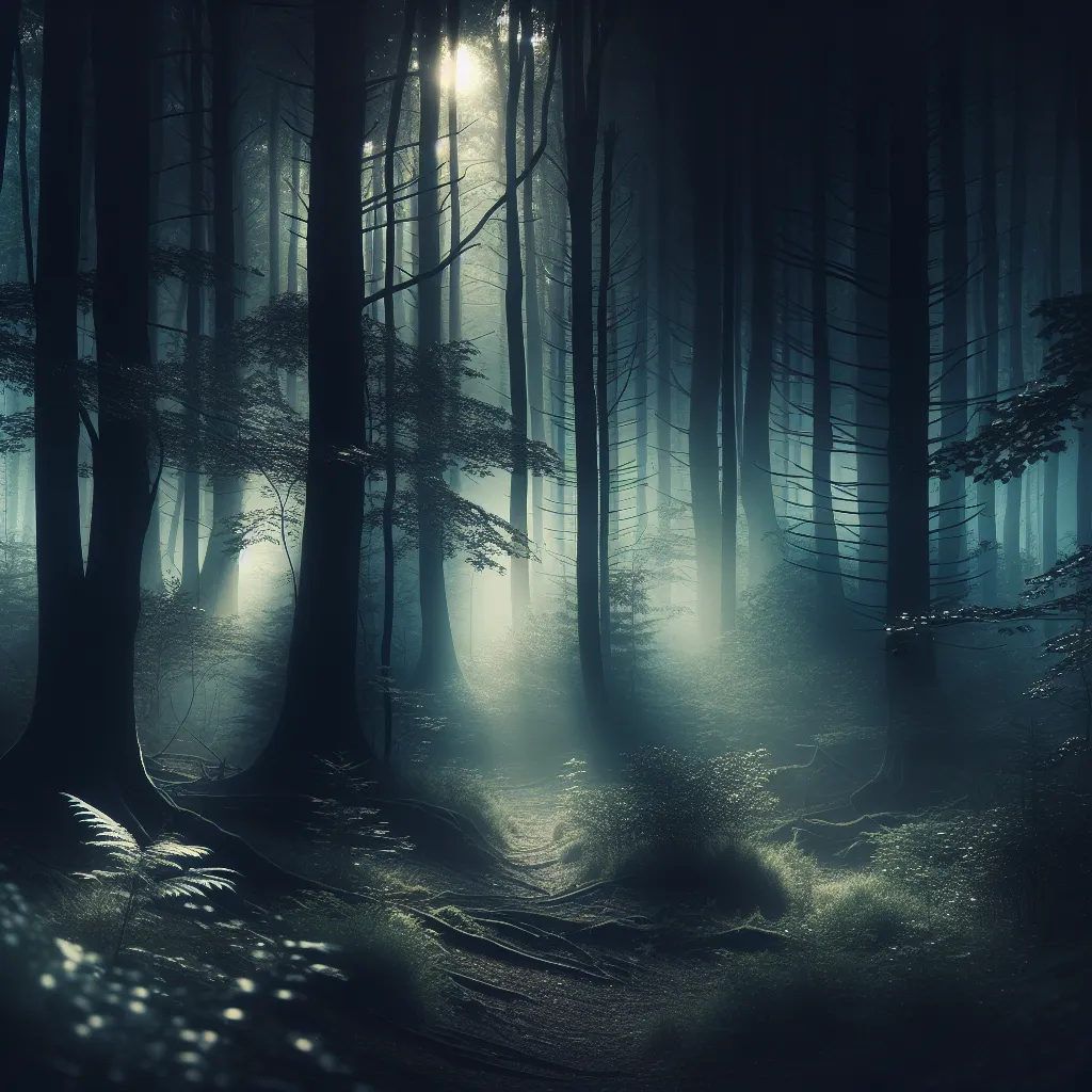 An eerie forest at twilight with soft rays of light filtering through the dense foliage, creating a mystical and mysterious atmosphere.