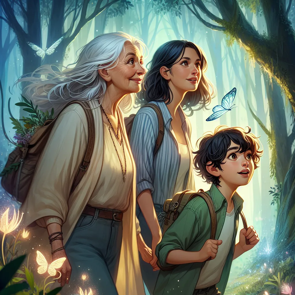 A beautiful grandmother, a young mother, and a curious boy embark on a mysterious adventure together, leading to unexpected transformations and a heartwarming conclusion.