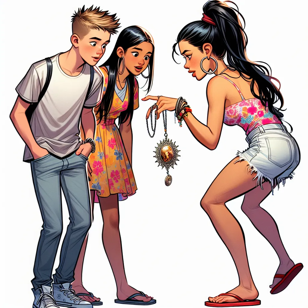 The image accompanying this story is a depiction of a young boy named Tim, his friend Isabella, and Isabella's mom, Maria. Tim is shown with short, spiky blonde hair and wearing a T-shirt and jeans, while Isabella has long black hair and is wearing a colorful dress. Maria is wearing a pink floral tank top, white denim shorts, and red flip flops. She has black hair tied up in a bun and is accessorized with hoop earrings, a necklace, and a bracelet. The image captures the moment when Maria notices