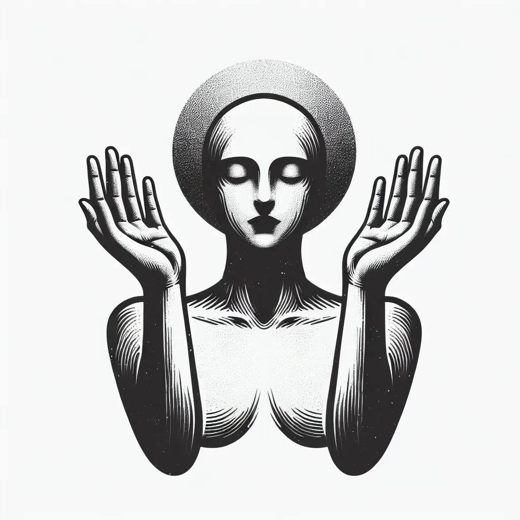 A simple, elegant black and white image of a person holding their hands up in a gesture of apology.
