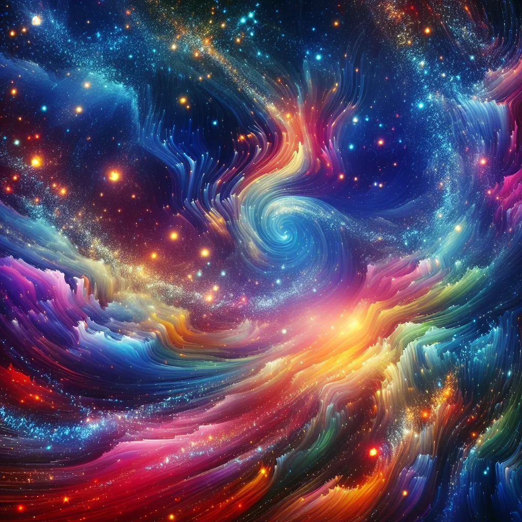 An abstract illustration depicting a starry sky with vibrant colors and swirling patterns.