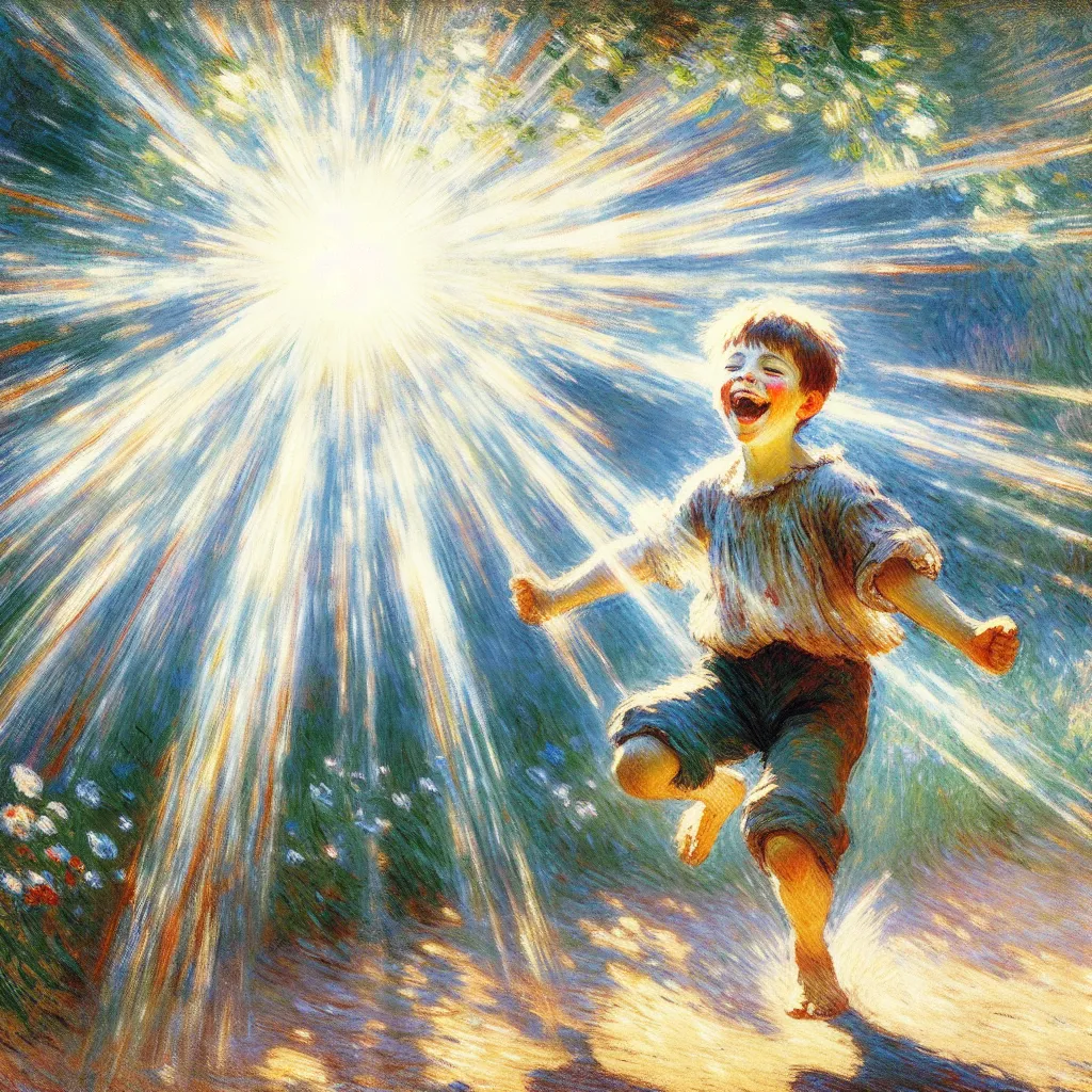 Apologies for any confusion. Here are the related words based on the provided text: Boy, Laugh, Play, Sun, Happiness. in the style of Monet