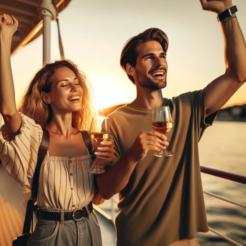 Image description: Two friends, one in a woman's body and the other in a man's body, embrace the unusual but exciting change they have undergone. They are standing together on a boat deck, enjoying the sunset and toasting their new adventure.