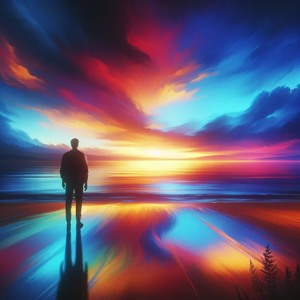 A vibrant sunset over a tranquil, coastal landscape with a lone figure gazing into the horizon.