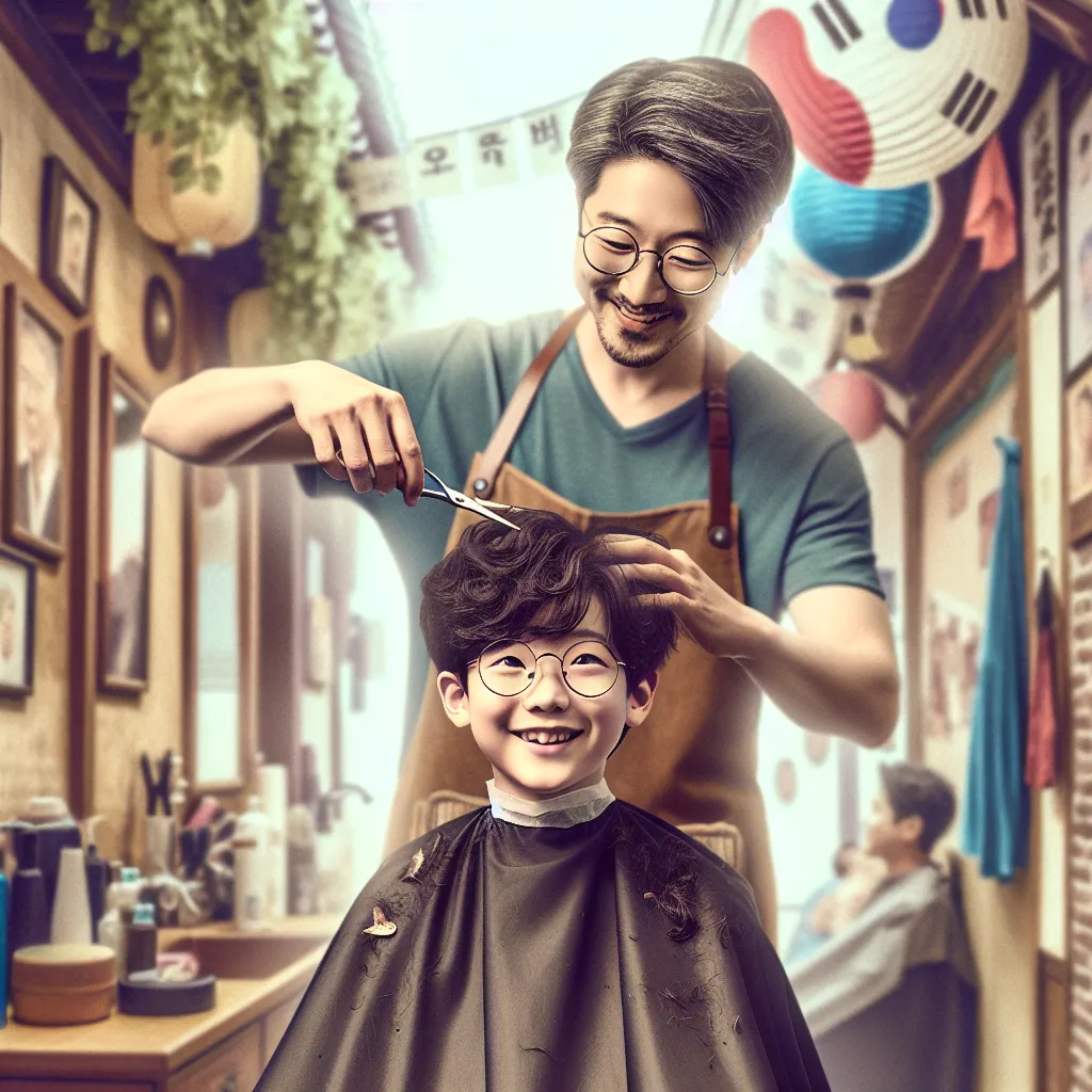 A young boy named Timmy finds himself transformed into Min-Ji, an experienced Korean hairstylist in a quaint salon. As Timmy navigates his new identity and memories fade, Min-Ji embraces her new life with warmth and skill, surrounded by friends who mean the world to her. The image will depict Min-Ji confidently trimming hair in her salon, exuding a sense of comfort and contentment in her Korean cultural setting.