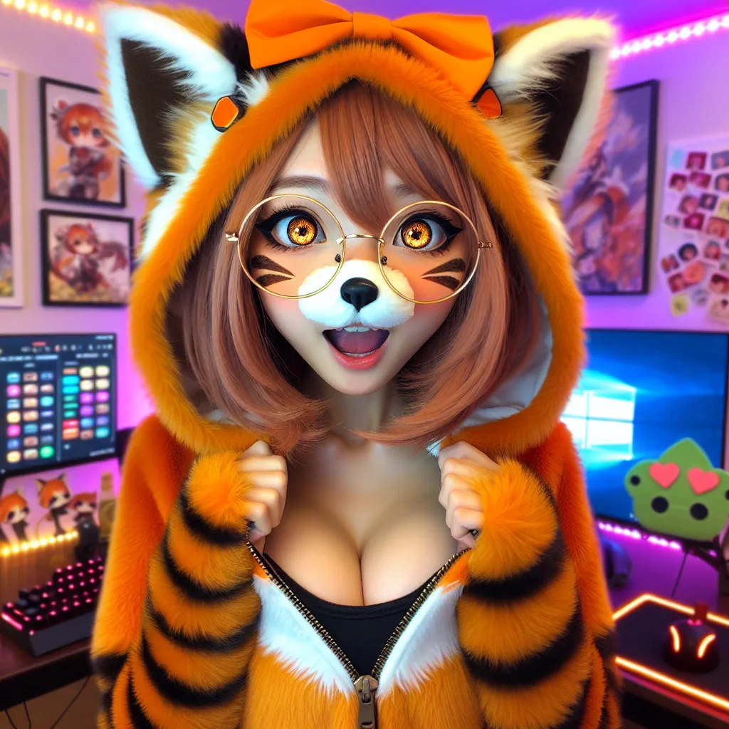 The image accompanying this story is a depiction of Kira, a VTuber, wearing a realistic and detailed skinsuit of her anthropomorphic tanooki character. The skinsuit has orange fur, round glasses, an orange head bow, and golden eyes. Kira is shown with a mischievous and excited expression, fully embracing her transformation. The image captures the moment of Kira stepping into the skinsuit, with the Transfur Zipper™ sealing her in. The background showcases Kira's colorful streaming setup, includin