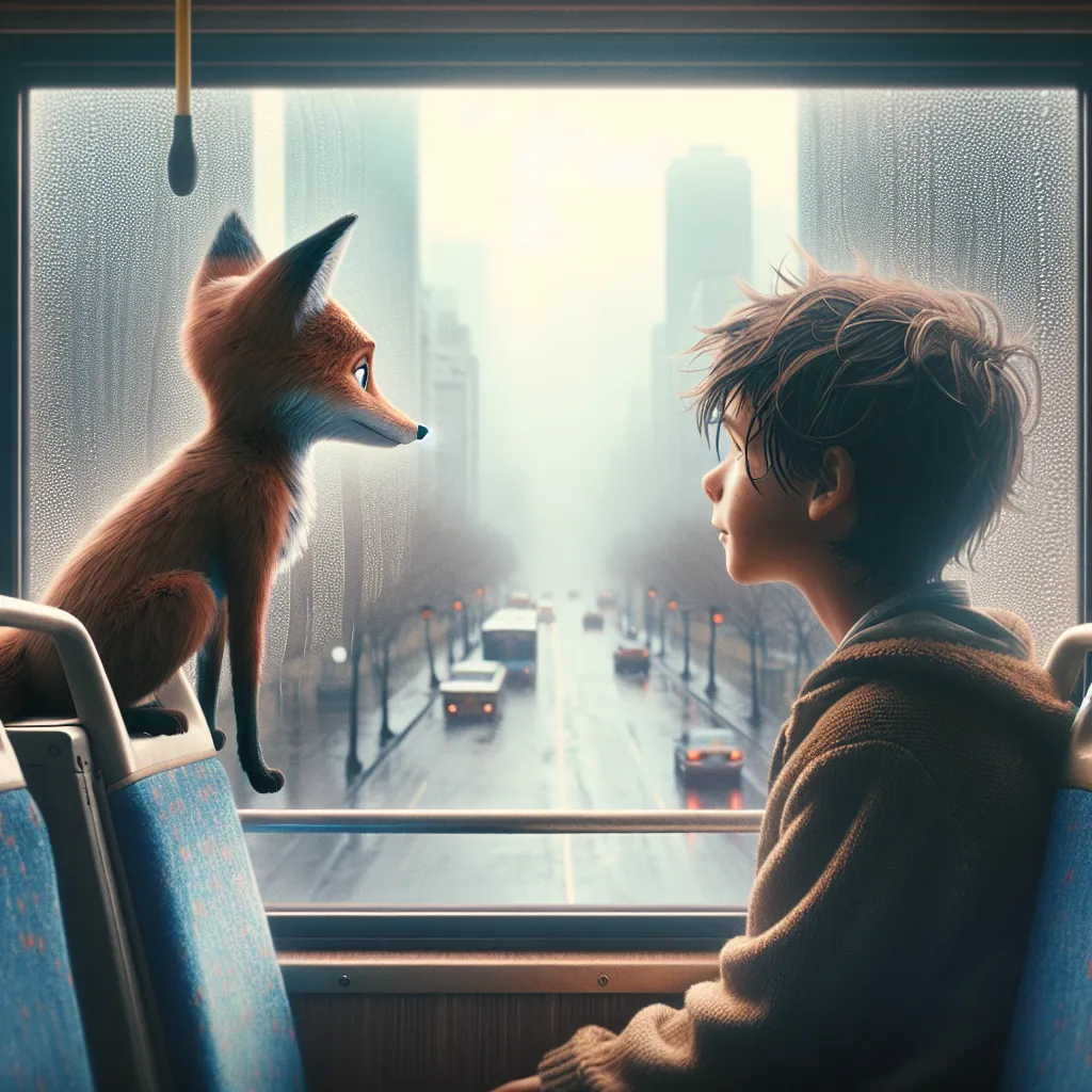The image accompanying this story is of Angel, a young boy with messy brown hair, sitting on a bus seat with Foxy, a small blue talking fox, perched on his shoulder. They are peering out of a rain-streaked window, watching as the city of Chicago transforms into the cloudy streets of Seattle. The image captures both anticipation and a sense of adventure as Angel and Foxy embark on a new chapter of their journey.