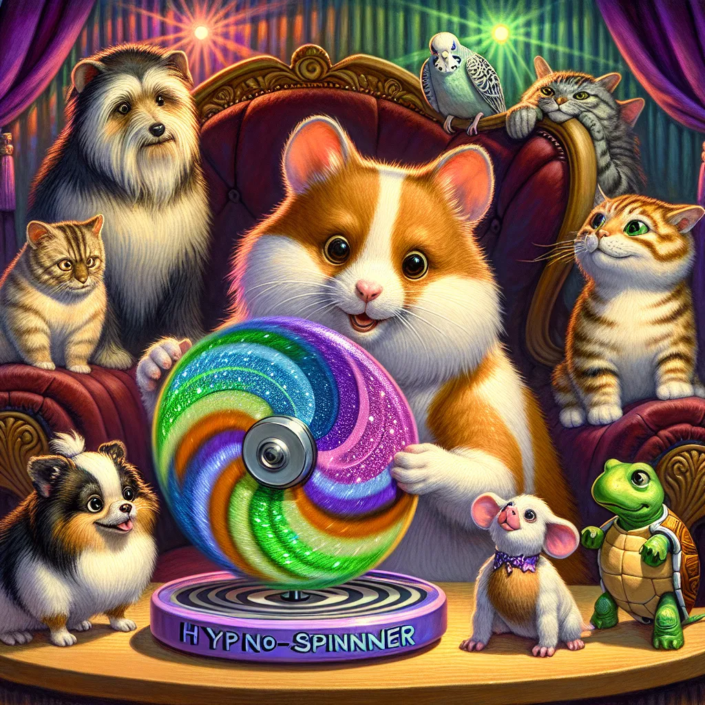 Image: Trip Hamston, a mischievous hamster, is holding a sparkling, swirly toy - a "hypno-spinner" - in front of Jade Catkin, a cat. The other pets, Roxie Mc Terrier, Bev Gilturtle, Edie, and Quincy Goatee, watch with a mix of curiosity and skepticism. Behind them, a setup with velvet curtains, a plush armchair, and disco lights is visible. Jade's eyes are fluttering as she starts to feel the effects of the hypnotic spinner.