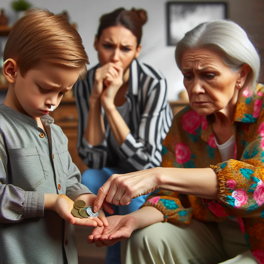 A 5-year-old boy named Ethan holds a small, shiny coin in his hand, while a woman named Marisol, wearing a tank top with brightly colored floral prints, tries to take it away. In the background, an older woman named Diane looks on with concern.