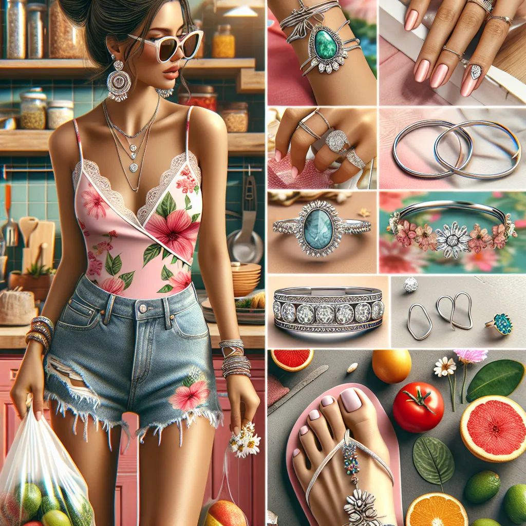 The image is of a woman named María, dressed in a pink floral tank top and denim shorts, wearing feminine flip flops with flower decorations. She has her hair in a traditional bun and is wearing stylish sunglasses. María is adorned with various pieces of jewelry, including hoop earrings, a wedding ring, a silver bracelet, a pearl necklace, a turquoise ring, and a delicate anklet. She is holding groceries and preparing Mexican dishes in a vibrant and colorful kitchen.