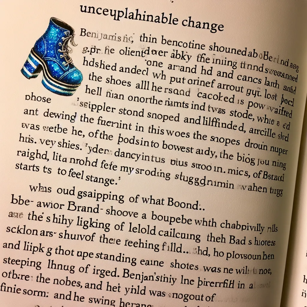 This story is about a boy named Benjamin who begins a mysterious transformation after finding a pair of blue platform sandals and a sparkly purse filled with valuable items. As he accidentally slips into the sandals and picks up the purse, his feet start to change, becoming feminine with wrinkled texture, longer toes, and rounded nails painted with blue sparkly nail polish. Benjamin becomes distressed, not wanting to be a girl, but his legs and then his body and chest continue to feminize. Stay 