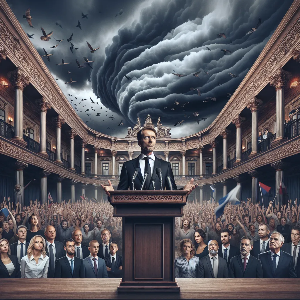 Title: "The Fall of a Titan"
Genre: Drama

Description: The image depicts President Jeff Drummstein standing at a podium in the grand halls of Washington, surrounded by a crowd of supporters, while a storm brews ominously in the background. His expression is one of confidence mixed with trepidation, foreshadowing his eventual downfall.