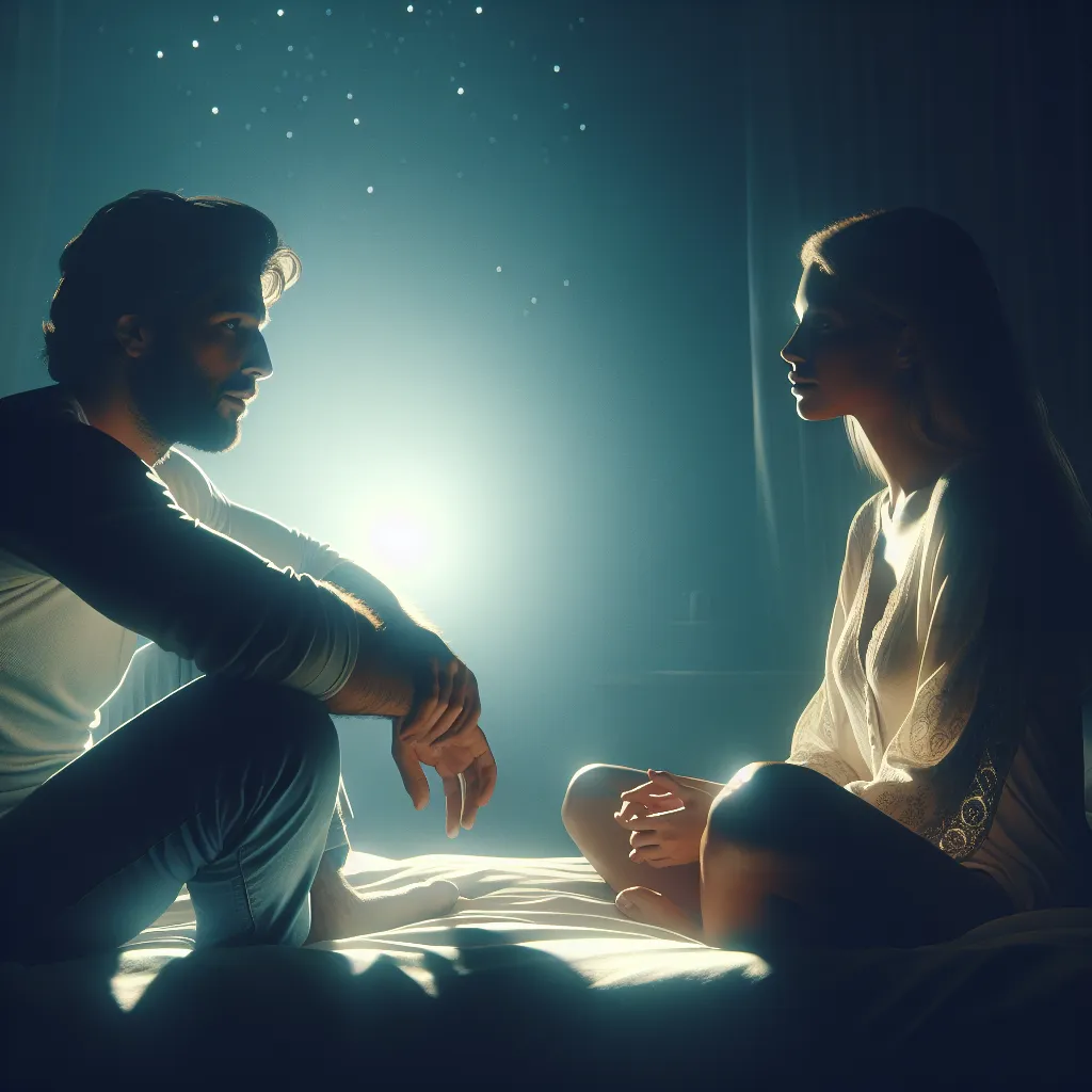 The image is a scene of two individuals sitting on a bed, bathed in moonlight. One person is lying down while the other sits cross-legged beside them. They are engaged in deep conversation, their faces close together, with a sense of warmth and connection between them.