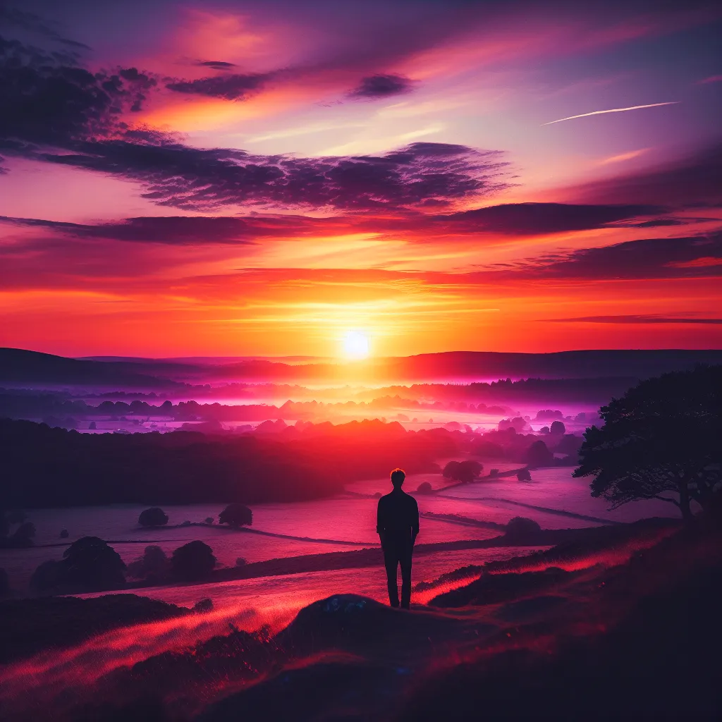 A serene sunset over a vast landscape of rolling hills, with vibrant hues of orange and purple painting the sky, while a solitary figure stands in the foreground, gazing into the distance.