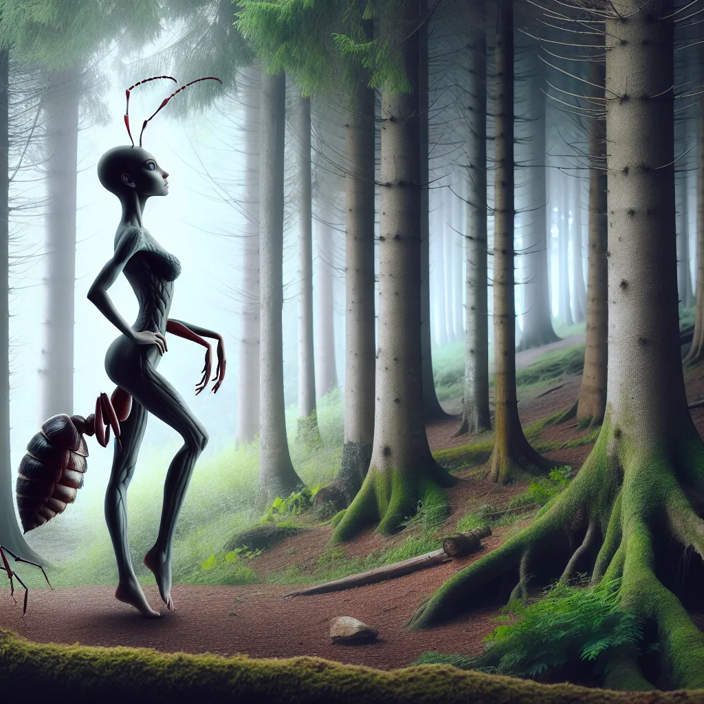 A transformed man, now an ant queen, stands regally in an ancient forest, surrounded by tall whispering trees and enchanted atmosphere.