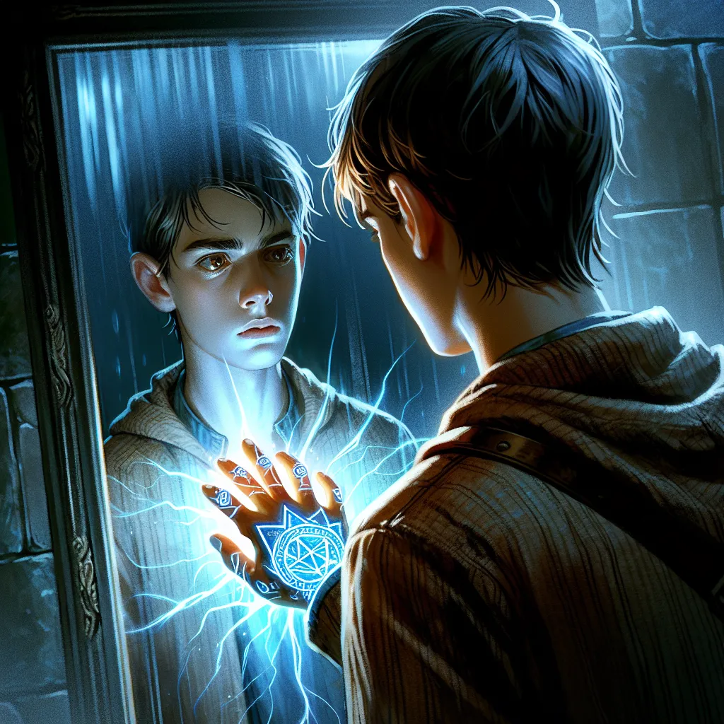 The image accompanying this story depicts a young boy named Romeo, whose soul has been magically transferred into the body of a young girl named Madoka Kaname. The image shows Romeo/Madoka staring at their reflection in a mirror, with a glowing mark on their hand symbolizing their connection to the Fairy Tail Guild. The atmosphere is filled with a sense of bewilderment and uncertainty as Romeo/Madoka questions their choices and contemplates their new reality.