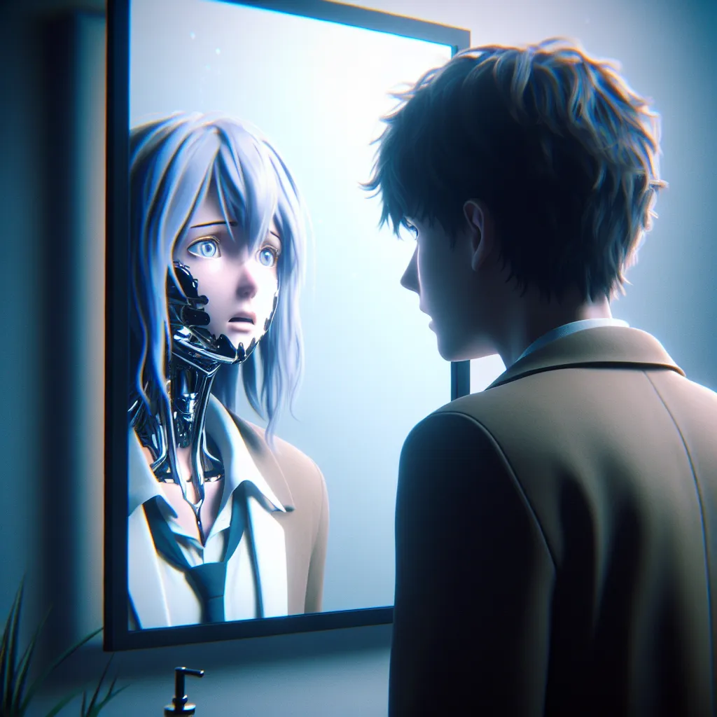 Description: In the image, a person, formerly Trevor Maloney, now trapped in the body of Yoshika Miyafuji, stands in front of a mirror, desperately trying to come to terms with their new identity. The reflection shows Yoshika's face, with a look of vulnerability and confusion. The surrounding atmosphere is filled with a sense of dread and uncertainty as they navigate the challenges and expectations of their new existence.
