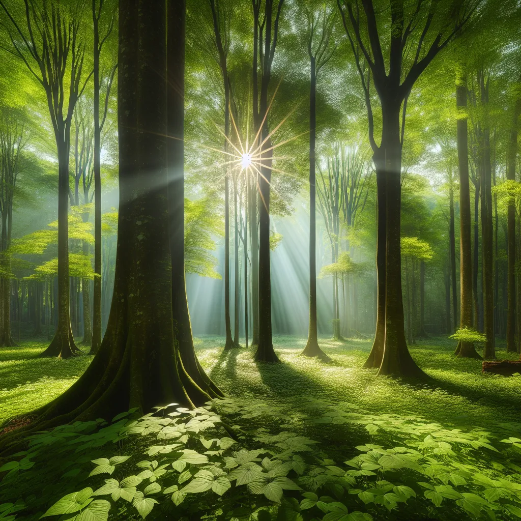 A serene forest scene with tall, ancient trees standing tall against a backdrop of vibrant green foliage. The sunlight filters through the branches, casting dappled shadows on the forest floor. A sense of tranquility and natural beauty permeates the image.