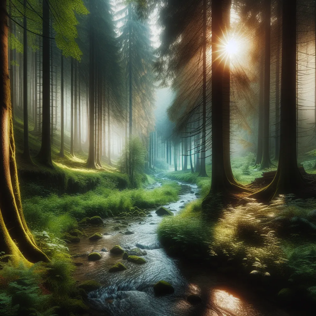 A serene and misty forest scene with tall trees, gently glowing sunlight, and a meandering stream cutting through the lush greenery.