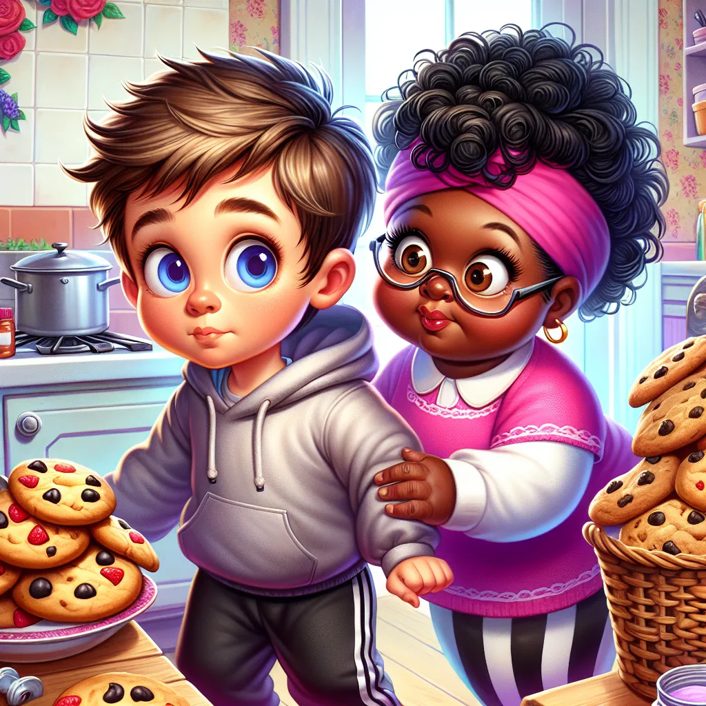 Image description: A colorful illustration featuring two children, Timmy and Angela, standing in front of a kitchen counter. Timmy, a Caucasian boy with light brown hair and blue eyes, is wearing a gray sweatshirt and black sweatpants, while Angela, an African American girl with curly black hair in pigtails and brown eyes, is wearing a pink dress. Behind them stands Mrs. Johnson, Angela's mother, a confident African American woman with short black hair, wearing a gray sweatshirt, black pants wit