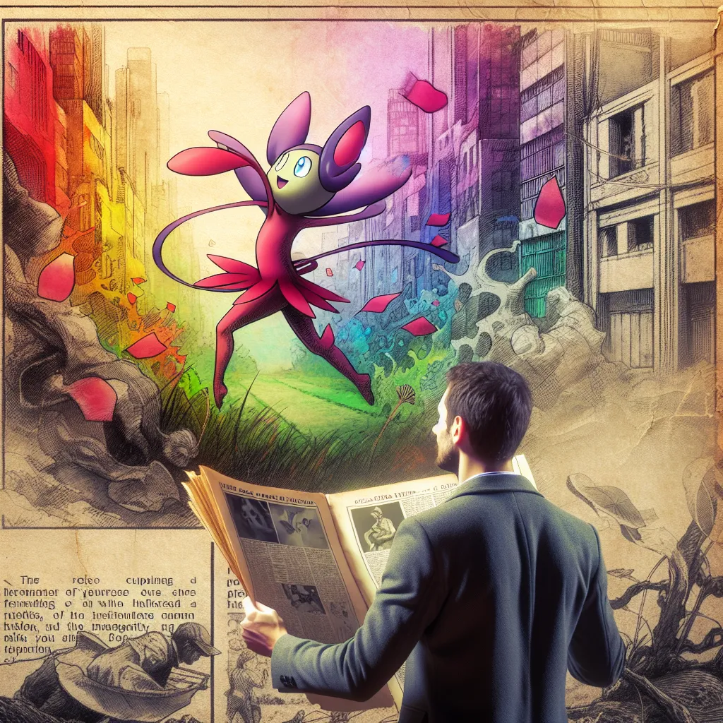 A human man undergoes a transformation into a female Kirlia Pokémon in a dystopian world, experiencing the shift in perspective and identity as he embraces a new existence filled with color, emotion, and community.
