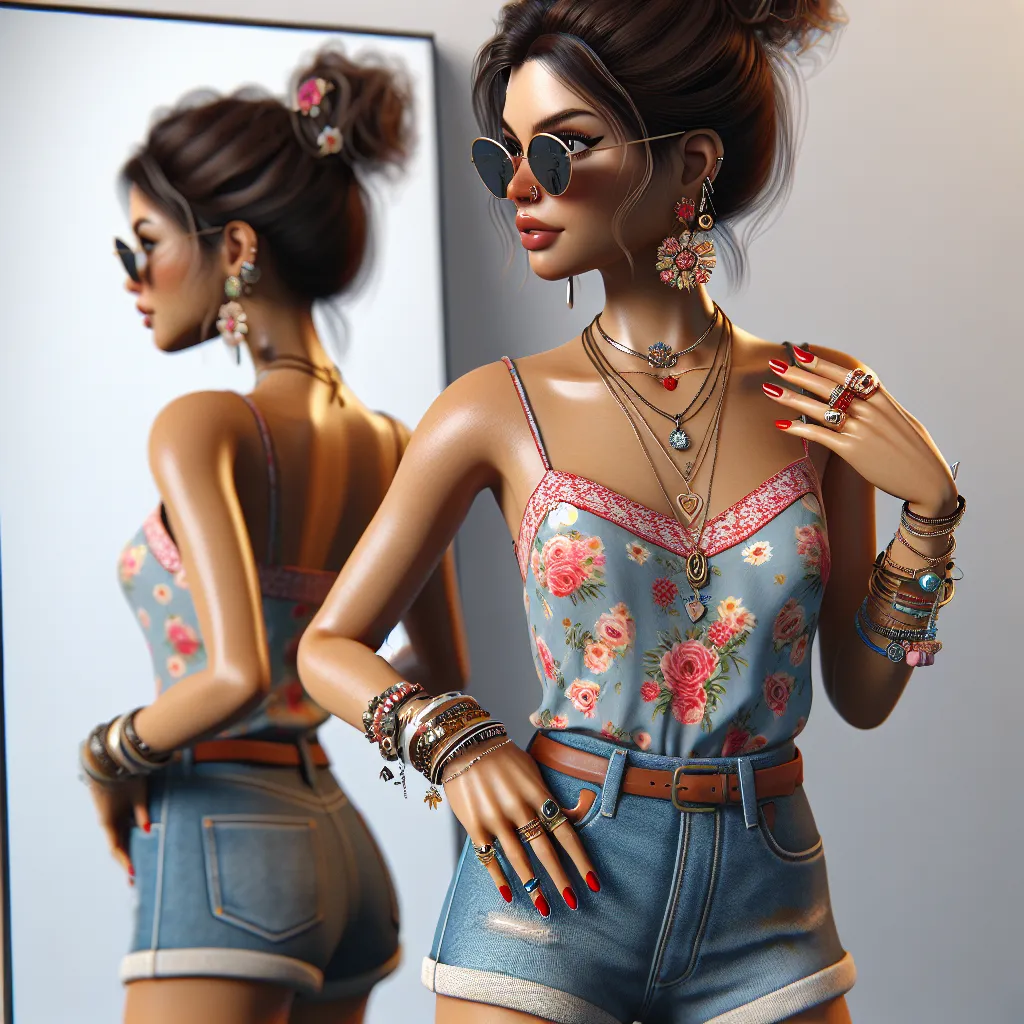 A young woman named Maria, dressed in a floral tank top and denim shorts, stands confidently in front of a mirror. She is wearing flip-flops, sunglasses, and several pieces of jewelry, including earrings, a necklace, bracelets, and rings. Her hair is styled in a bun, and her nails are painted a vibrant red.