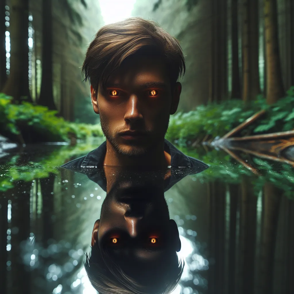 The image accompanying this story is of a young man, Cameron Roth, standing at the edge of a river in a forest. In the reflection, his face is no longer his own, with glowing eyes and an aura of darkness. A sense of confusion and uncertainty is evident in his expression.