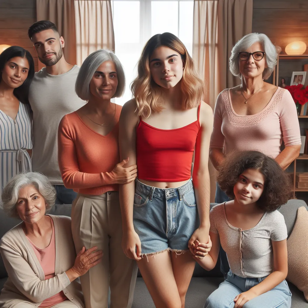 In this image, we see a vibrant and diverse group of characters gathered together. In the center is a young boy named Ethan, who experiences a transformation and now identifies as a woman. Standing beside her is Ethan's supportive mother, Karen, wearing a bright red tank top and denim shorts. On the other side, Ethan's aunt, Sarah, looks on with concern and curiosity. They are joined by Ethan's grandmother, Ruth, who wears a warm smile and sports a short, curly grey hairstyle. Nearby, a young Hi