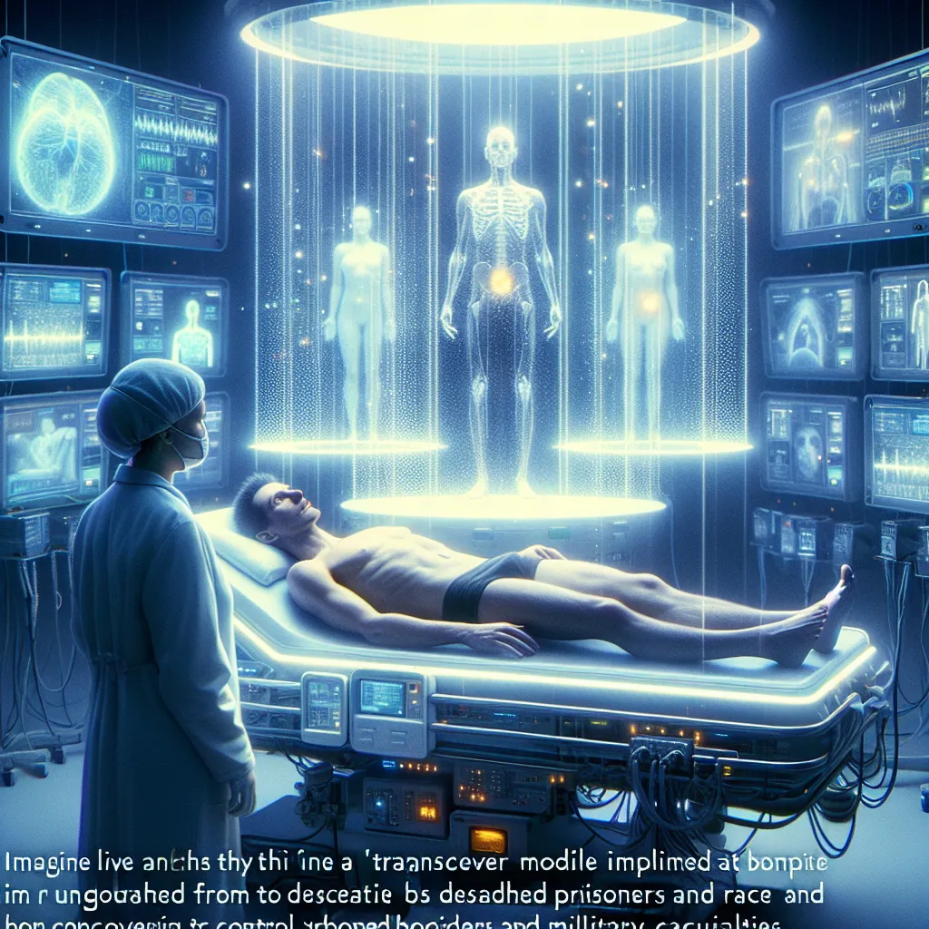 Description: An image of Luke Marcus lying on a hospital bed, surrounded by bright lights and medical equipment. A figure in a lab coat stands beside him, while an array of monitors displaying his vitals can be seen in the background. Luke appears confused and intrigued as he learns about a transceiver module implanted at the base of his skull, which allows him to control bodies reclaimed from death row inmates and military casualties. The image portrays the boundary between life and death, tech