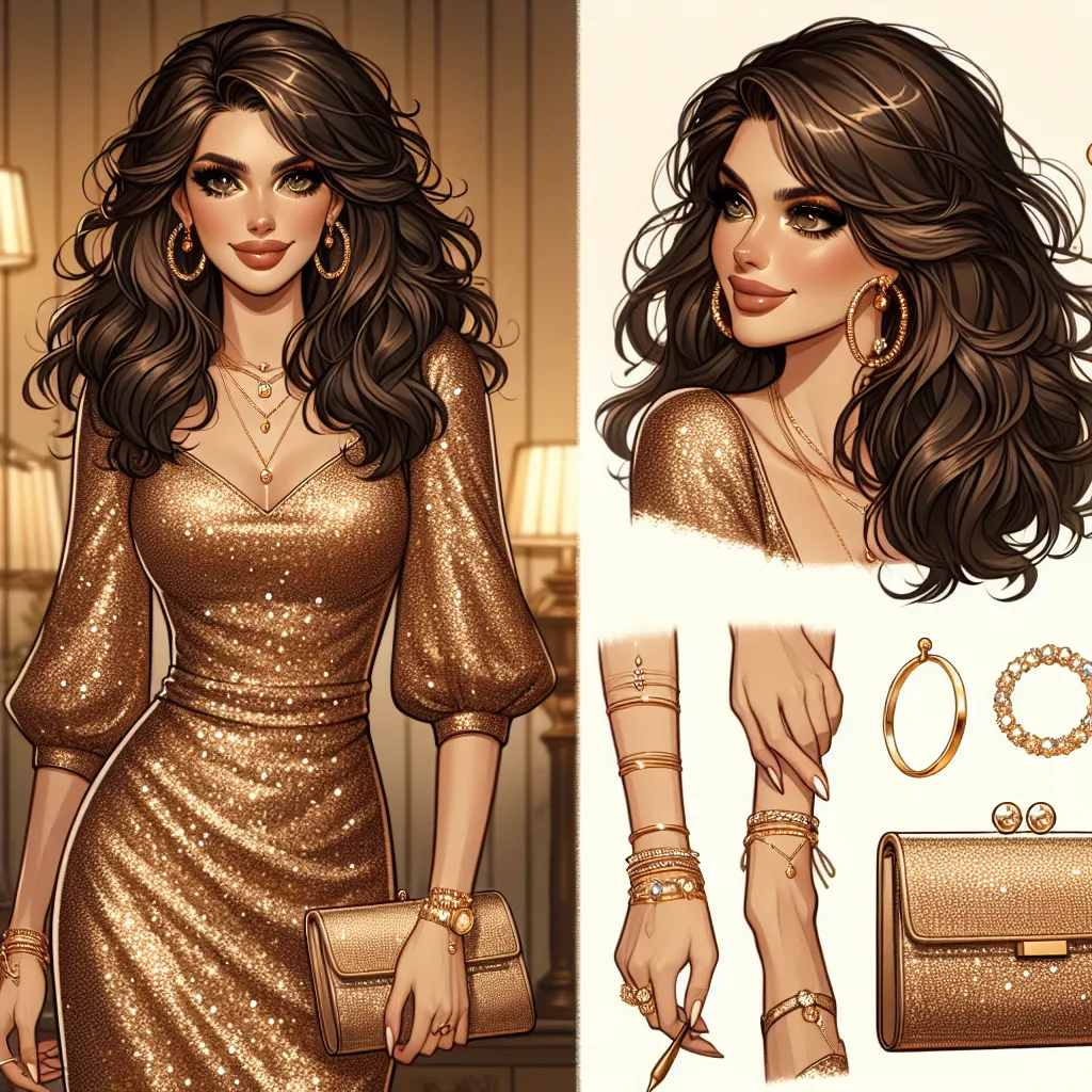 The image accompanying this story should depict a confident and fashionable woman named Gabriella, who is in her early thirties. She has deep brunette, wavy hair that falls to her shoulders and captivating hazel eyes. She is wearing a short, gold sequined dress with thin spaghetti straps that accentuate her curves. Her feet are adorned with gold sandals that have sparkling rhinestones embedded in the straps. She carries a gold purse and wears minimalistic gold jewelry, including bangles, hoop ea