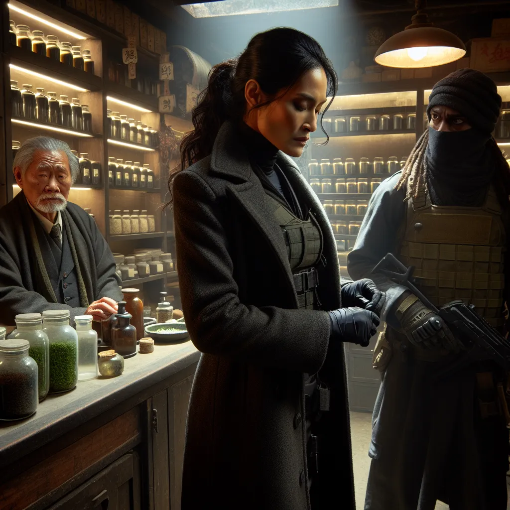 A mysterious woman named Laura seeks refuge in a herbal medicine shop's hidden basement with a wounded man named Gambit, evading pursuers and navigating a delicate encounter with a wary shopkeeper. Tensions rise as they await their next move, finding solace and sustenance in the midst of danger and uncertainty.