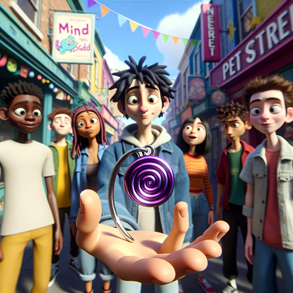 This image will feature Trip holding a shiny, purple spiral keychain in front of his friends, who are gathered around him with expressions ranging from curious to amused. The setting is a sunny Pet Street, capturing the mischievous and lighthearted atmosphere of the story "Mind Boggled" from *Littlest Pet Shop: A World of Our Own*.