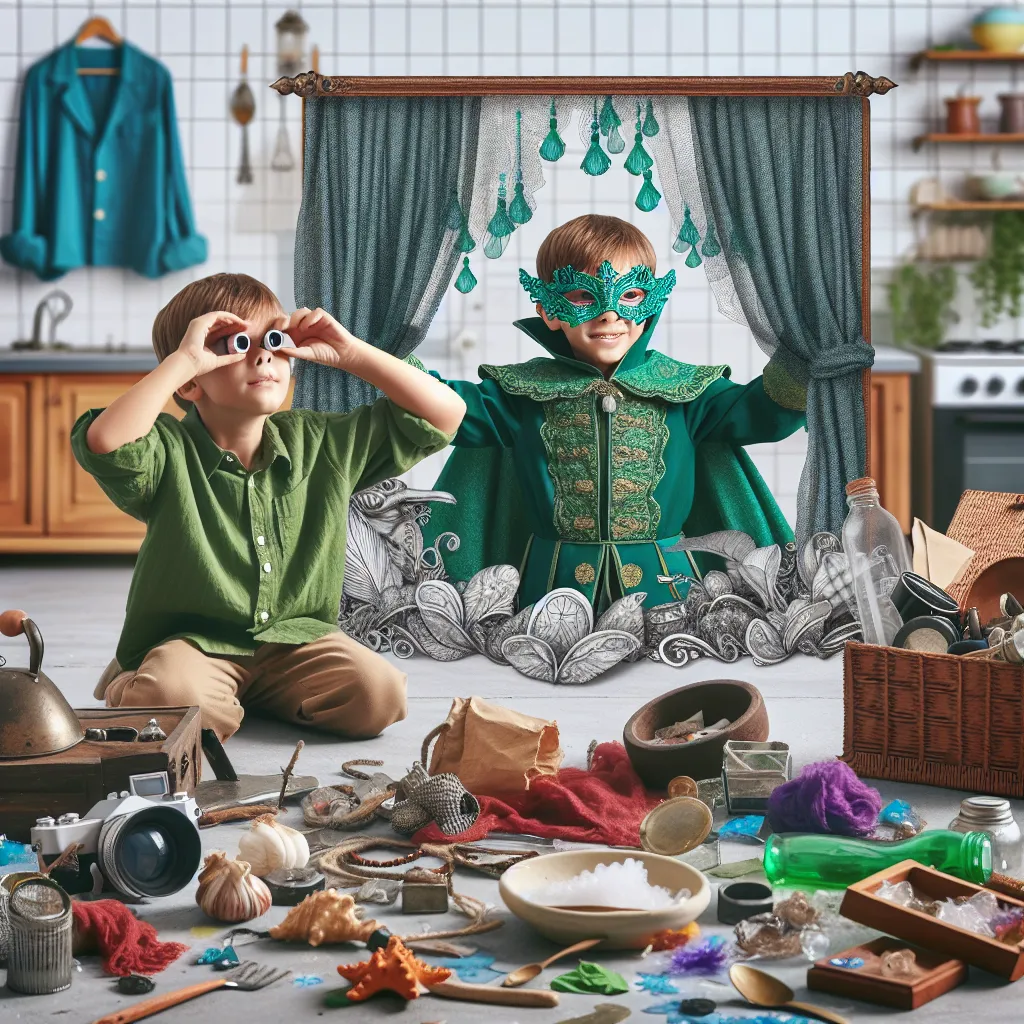 An image depicting a young boy transforming into a woman, clad in an elegant green dress, surrounded by scattered jewelry, makeup, and a messy kitchen setting.