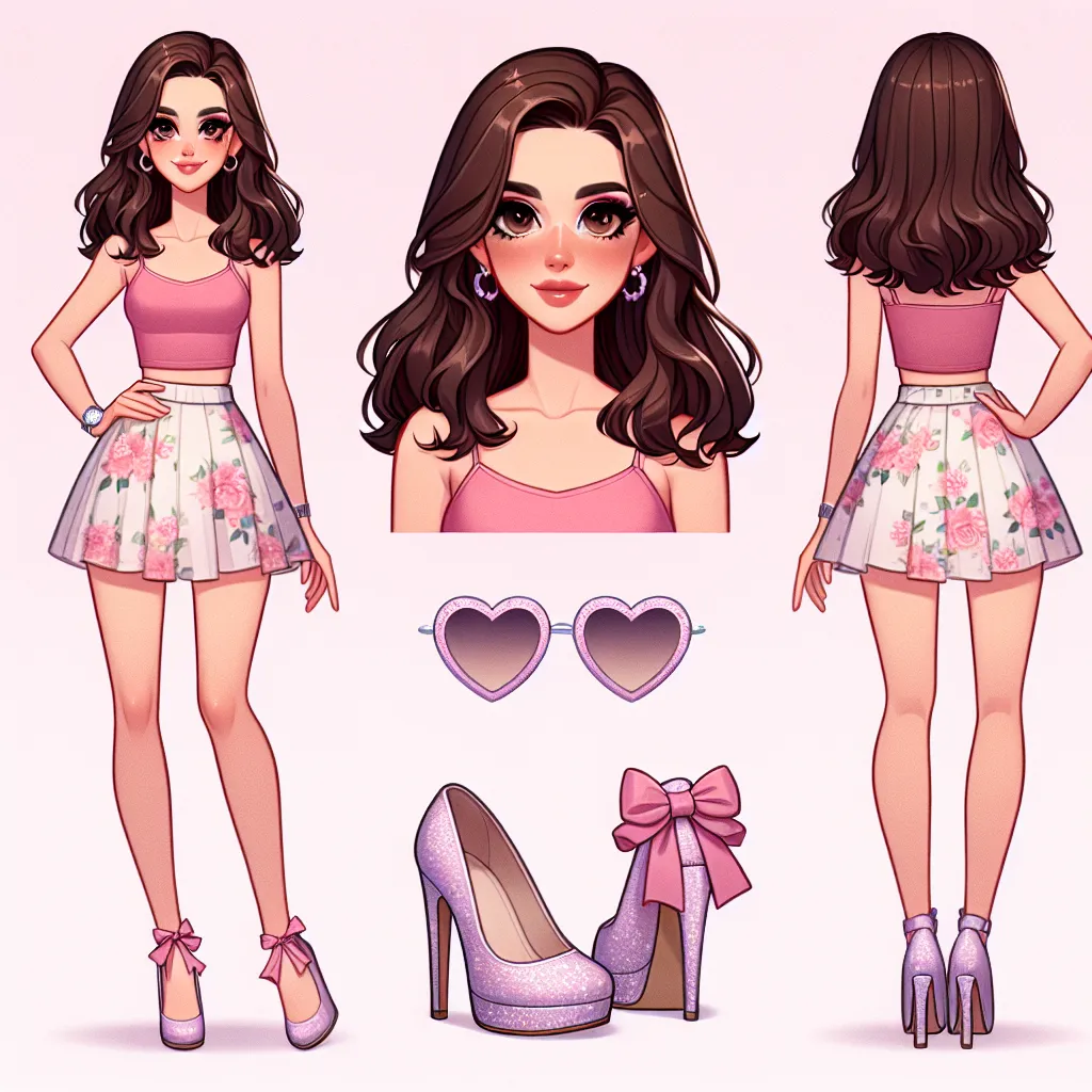 A digital image generated by DALL·E can visually represent the story described. It could depict Emily, a 36-year-old woman with dark brown hair styled in loose waves and hazel eyes, wearing a pink tank top, a floral mini skirt, thin stockings, lavender heels with glittery details and a small bow, and heart-shaped sunglasses. The image could show her standing confidently with her hands on her hips, in a fashionable pose.