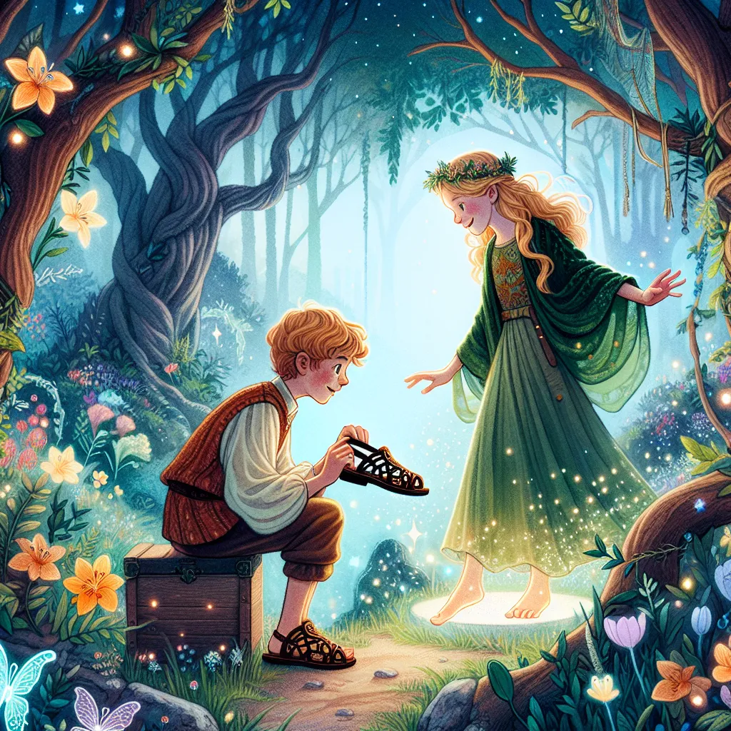 A story of a young boy named Benny who transforms into a grown woman named Rebecca after trying on a pair of magical sandals, seamlessly embracing her new life and identity with joy and purpose.