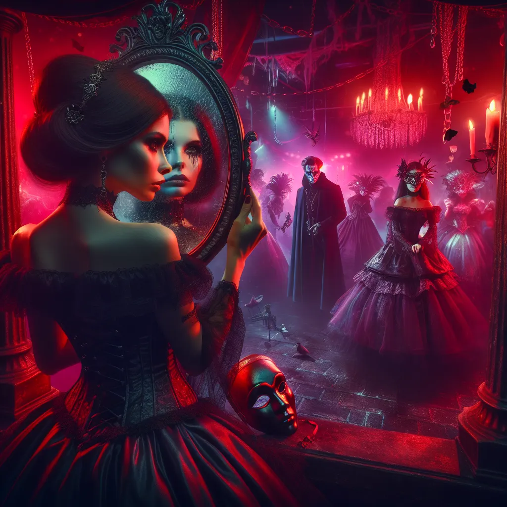 A gothic-themed image depicting a woman named Raven Noir standing in a dimly lit gothic club, Nightshade. She gazes at her reflection in a cracked mirror, portraying a deep sadness in her eyes. Surrounding her is the vibrant chaos of a masquerade event, where ethereal figures in masks and elaborate gowns dance under blood-red lights. In the distance, a mysterious man named Elias stands out as he observes the scene, his enigmatic presence drawing Raven's attention.