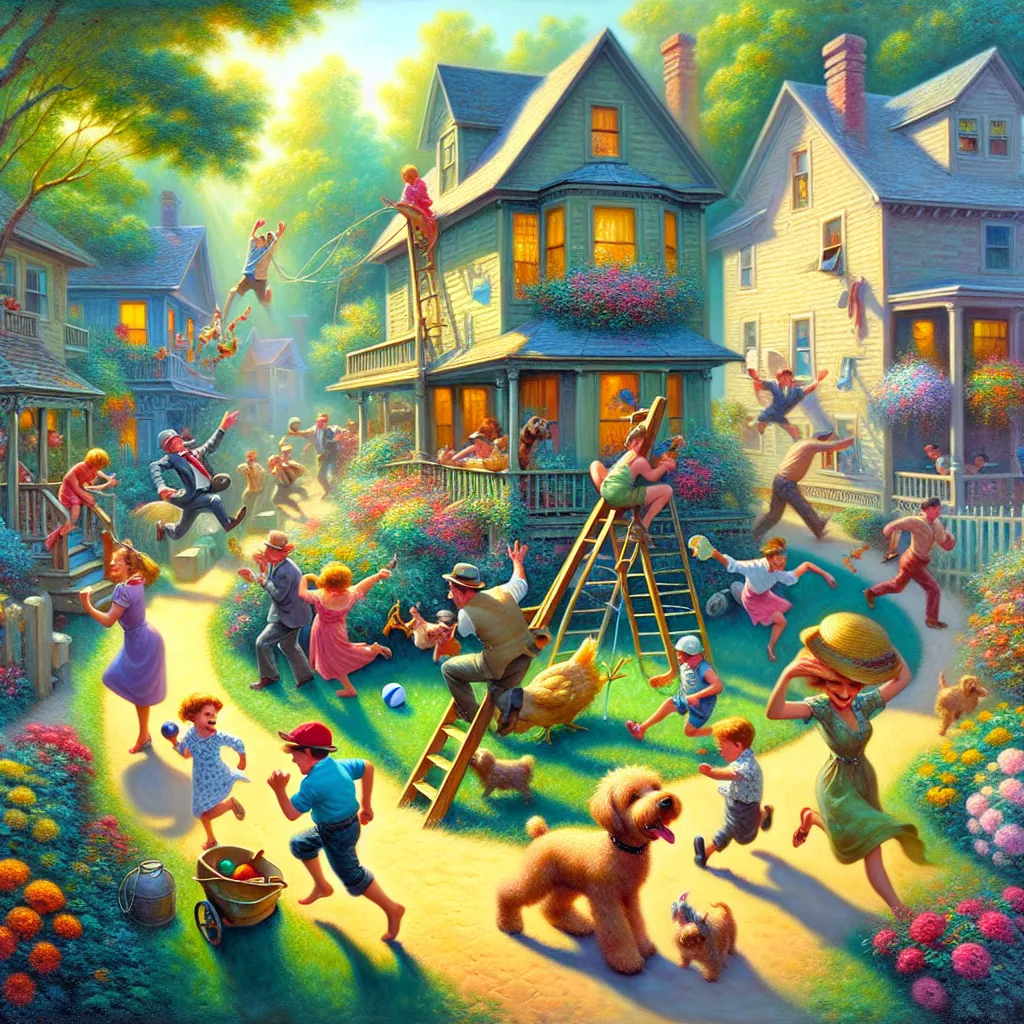 Humorous, Dialogue, Descriptive, Neighborhood, Antics in the style of Monet