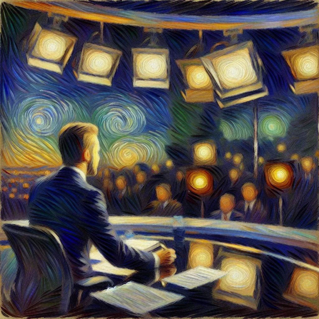 Late night, Sleeplessness, Whispers, Swap, News anchor in the style of Monet