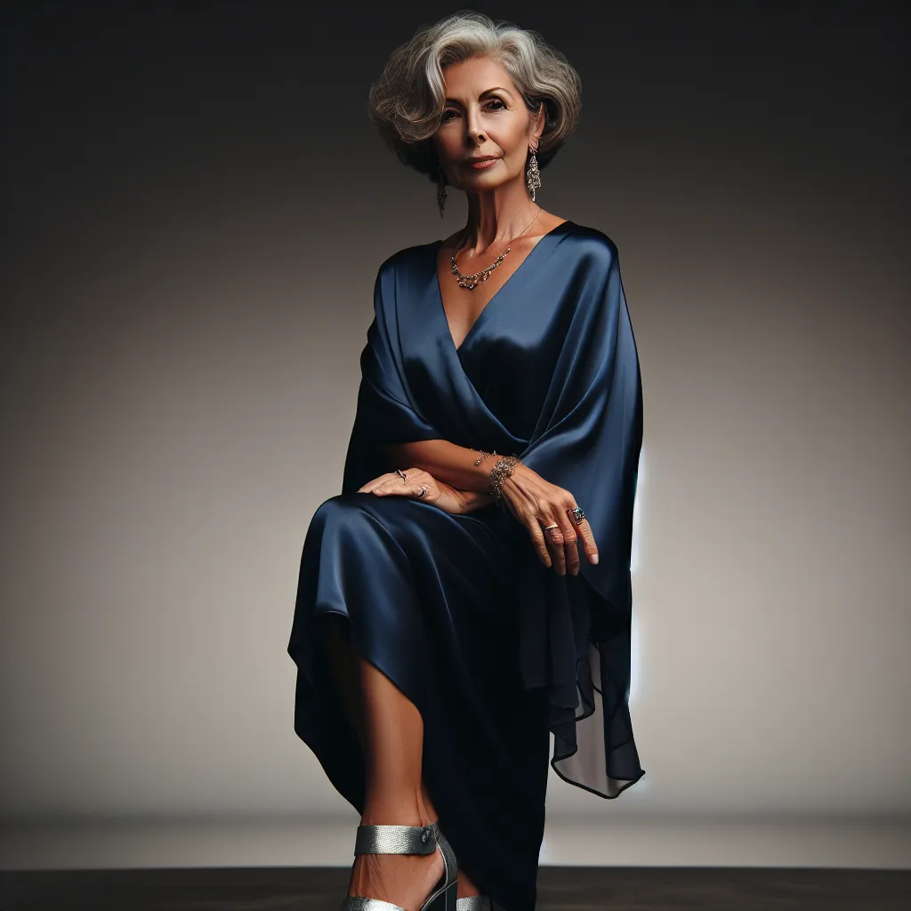 A dignified middle-aged woman wearing an elegant dark blue silk dress and silver platform sandals stands confidently, her jewelry sparkling and her hair styled in a short, curly gray bob. She gazes into the distance with serene determination, having just faced a terrifying burglary but remaining resilient and composed.