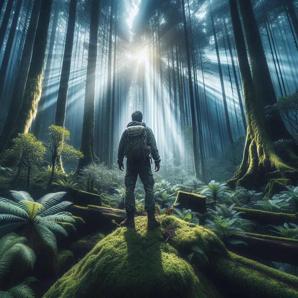 Title: "Exploring the Mystical Forest"

Description: A person dressed in outdoor gear stands at the edge of a dense forest. Sunlight filters through the towering trees, creating a magical atmosphere. The person raises their hand, seemingly in awe of the captivating scene. Moss-covered rocks and vibrant foliage surround the ancient trees, enhancing the mystical beauty of the forest.