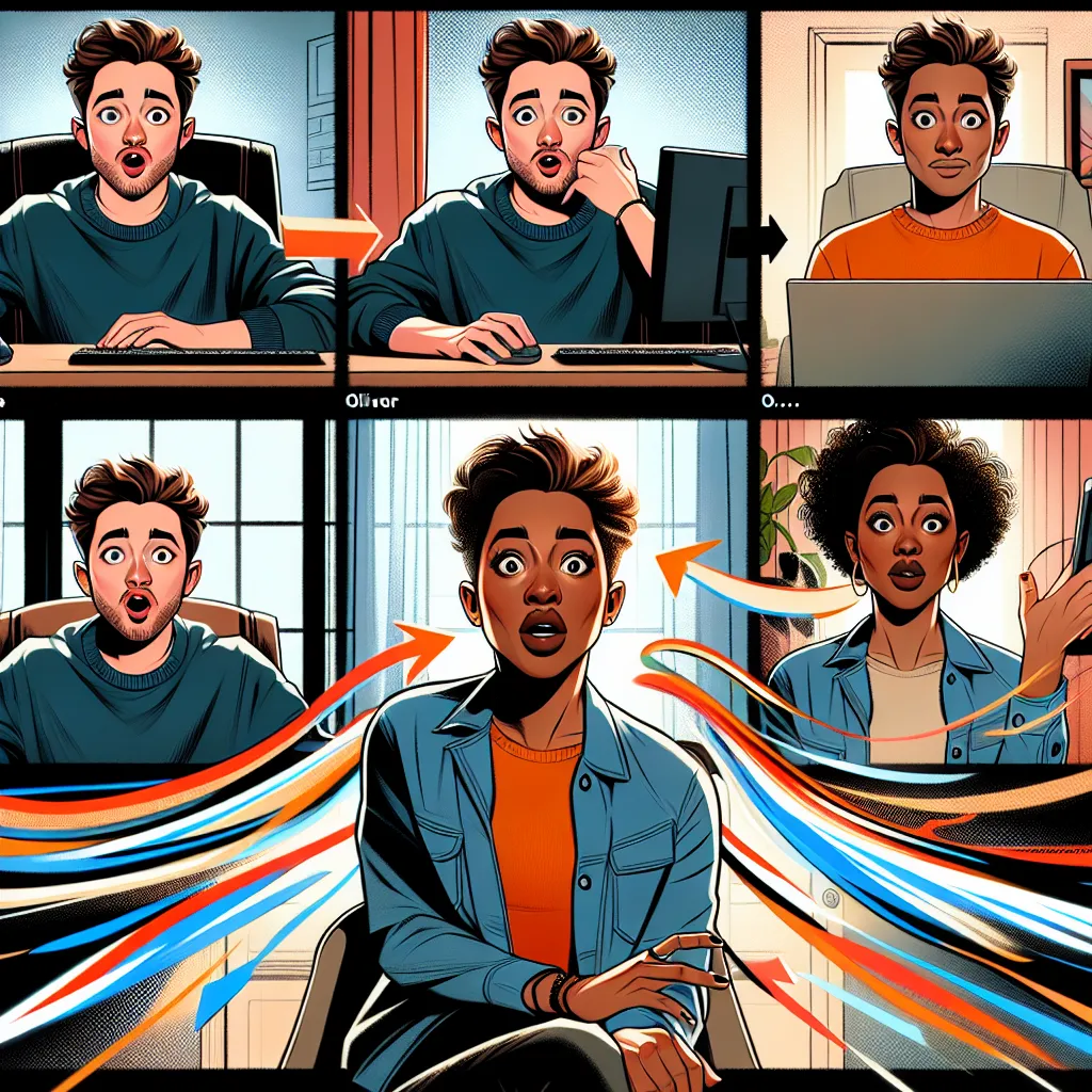 A stylized transformation sequence depicting Oliver changing into an independent black woman after taking an online quiz on a computer.