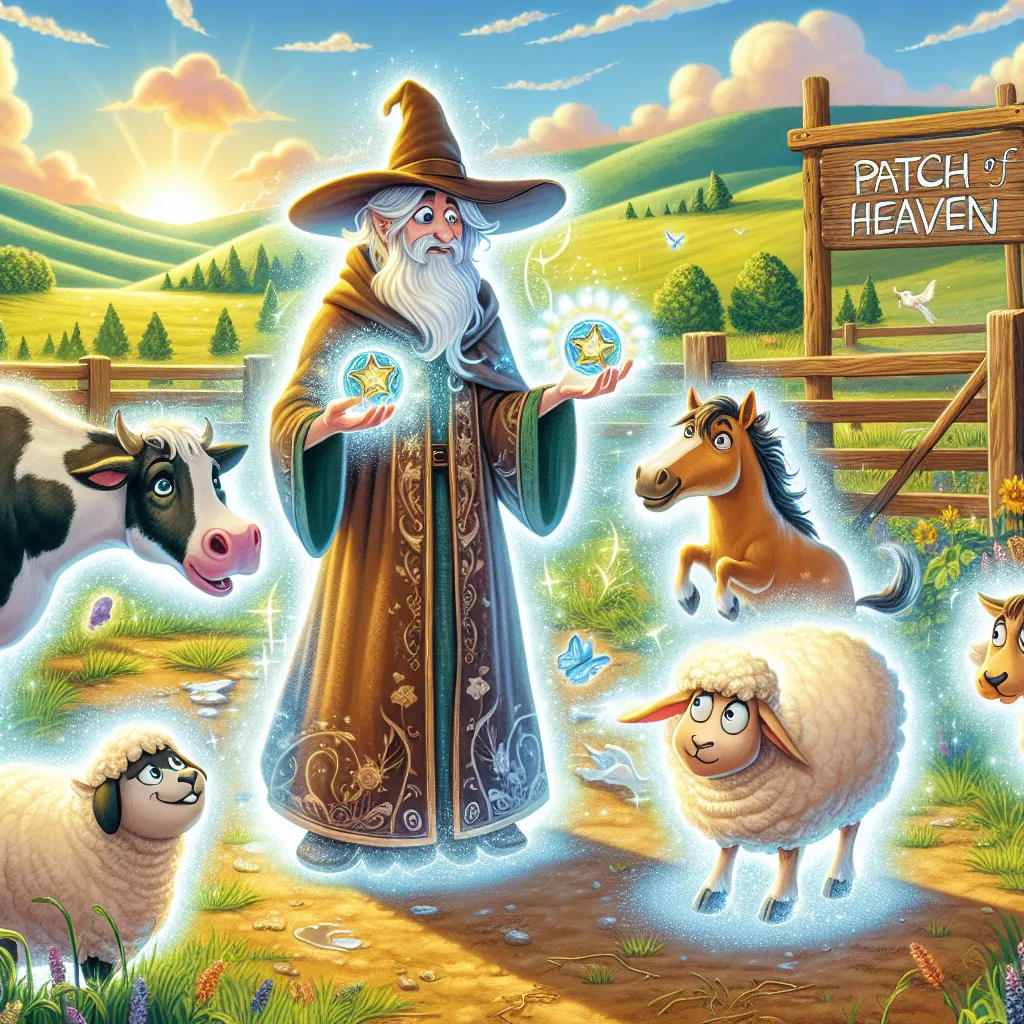 An illustration of a cow, horse, and two other animals in the midst of a magical body swap after encountering a mysterious peddler with enchanted medallions on a sunny morning at Patch of Heaven. The animals are adjusting to their new forms with expressions of surprise and amusement, each embodying unique personality traits and challenges as they navigate their switched bodies.