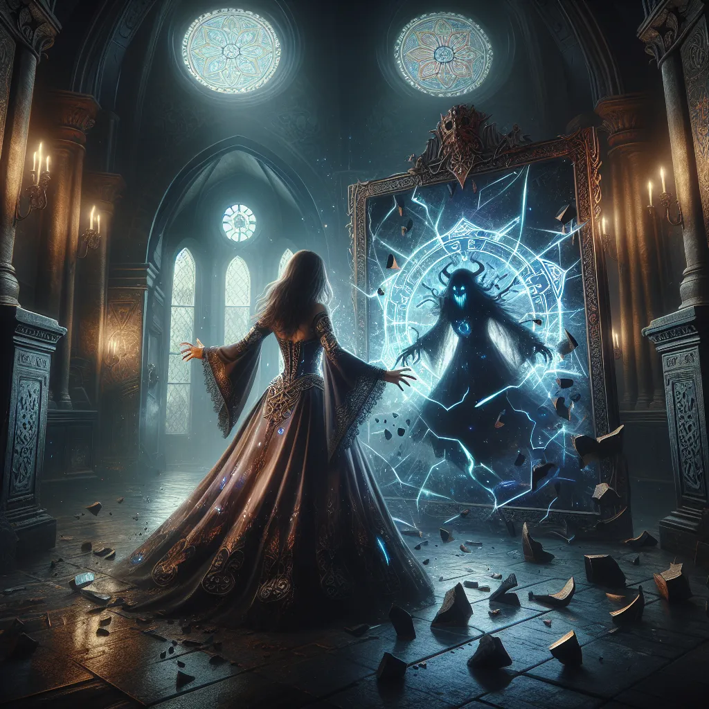 An intense scene in a mysterious academy where sorceress Magik faces a chilling prophecy as she shatters a malevolent mirror, unleashing chaos and unleashing a dark entity into her realm.