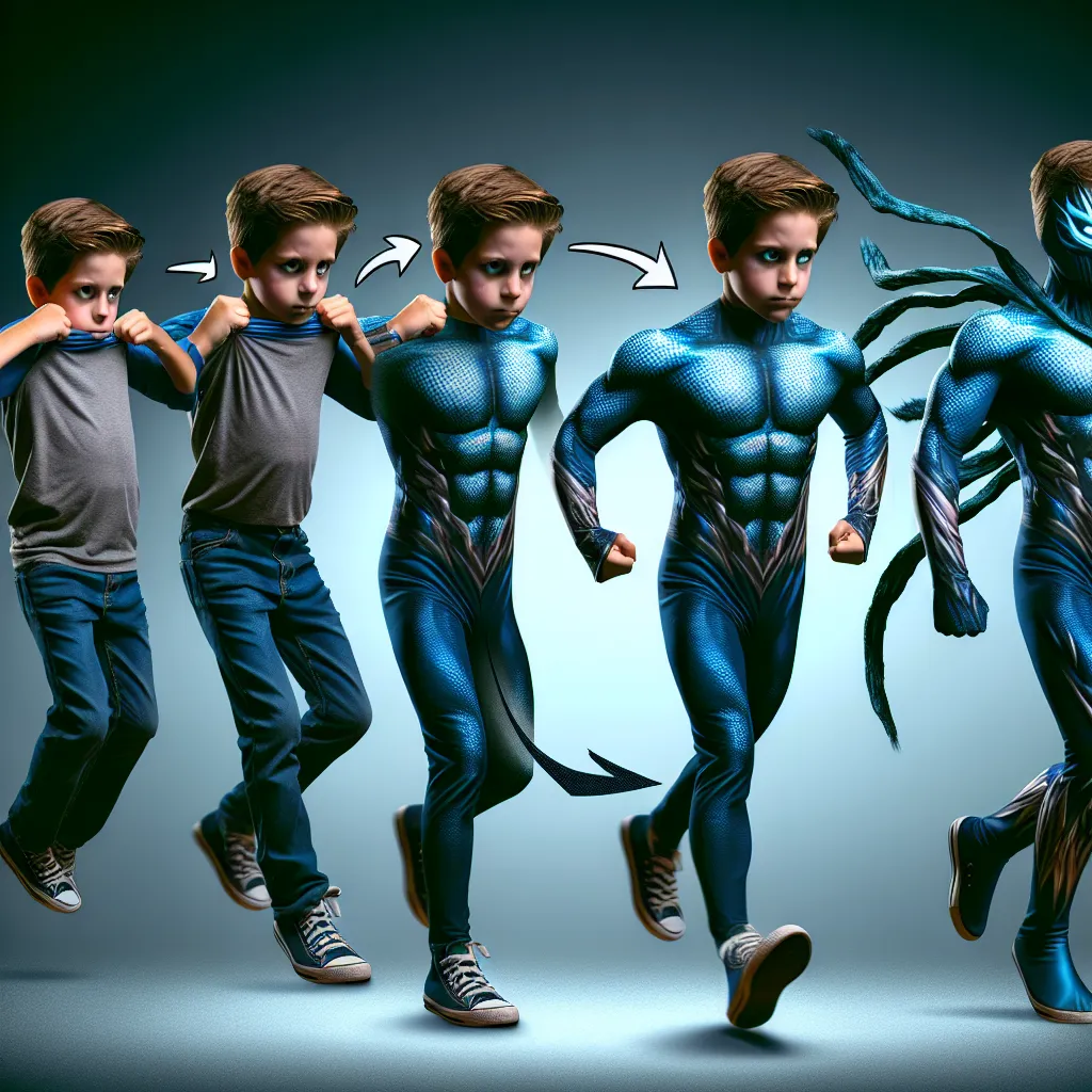 The image will feature a young boy undergoing a drastic transformation into the supervillain Black Cat. Starting with the elongation and feminization of his feet, the transformation progresses to include changes in his legs, torso, arms, and face, culminating in the complete transition into the confident and vengeful persona of Felicia Hardy, the Black Cat. The image will reflect the bold and agile nature of the character as she prepares for her ultimate confrontation with Spider-Man.